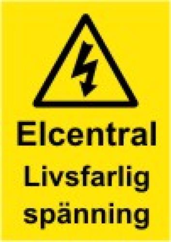 Elcentral Livsfarlig spänning dekal 104x147 mm
